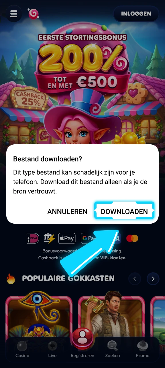 Bevestig de Android download in het pop-upvenster van Gambiva.