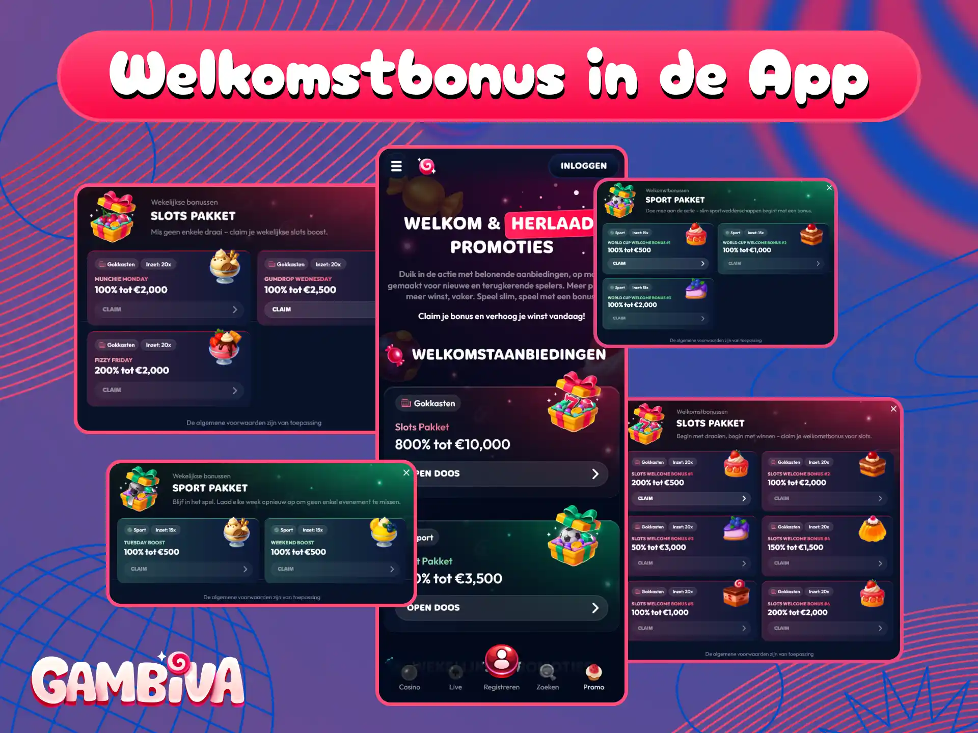 Claim een gulle welkomstbonus na registratie in de mobiele Gambiva app.