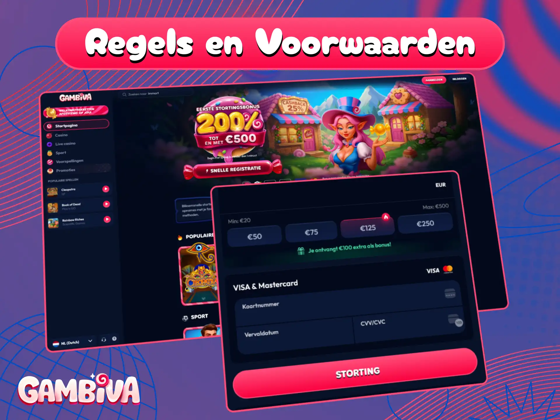 Lees de officiële voorwaarden om succesvol geld op te nemen bij het Gambiva online casino.