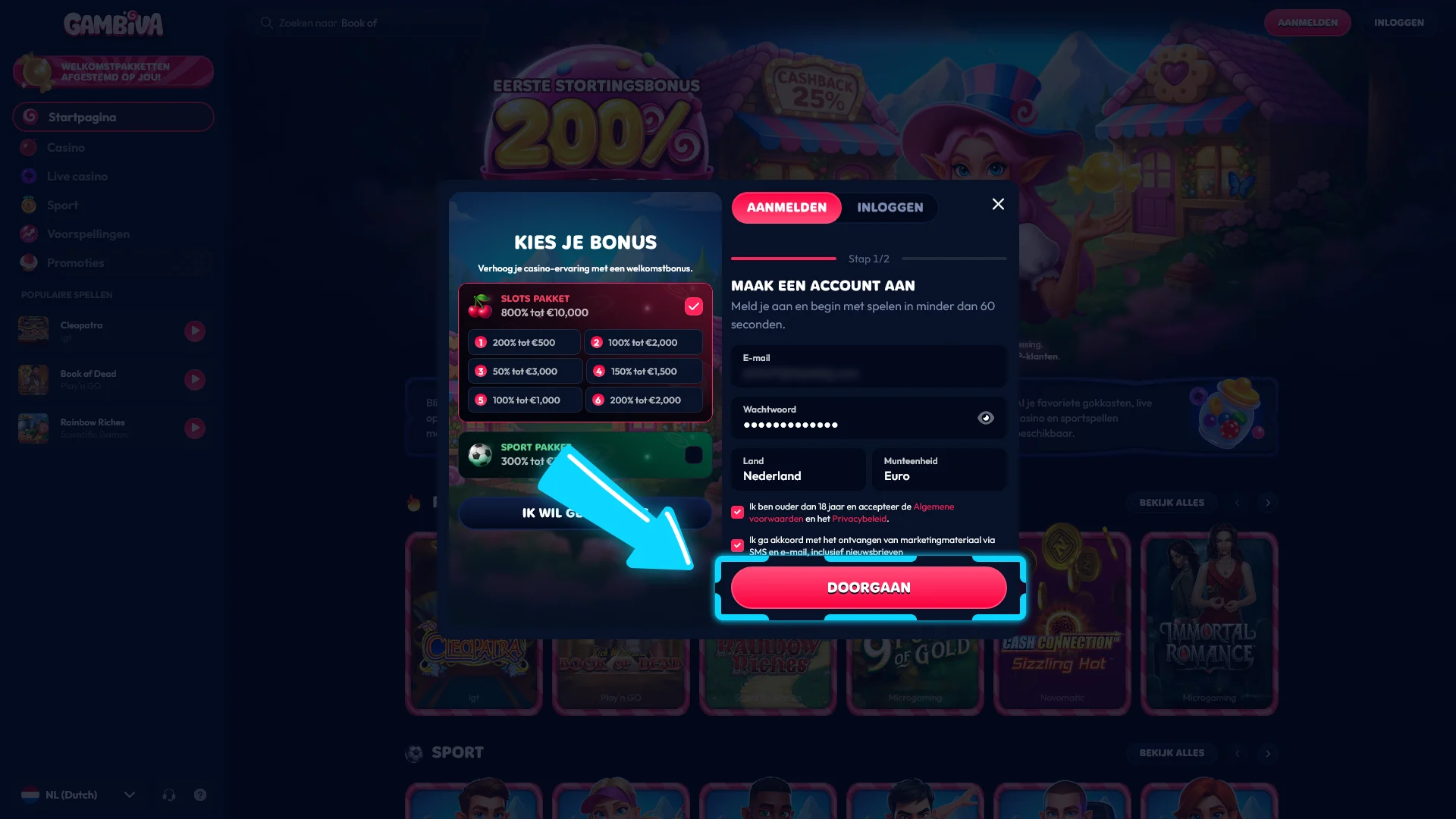 Bevestig je account en voltooi direct de Gambiva aanmeldingsinstructies om te spelen.
