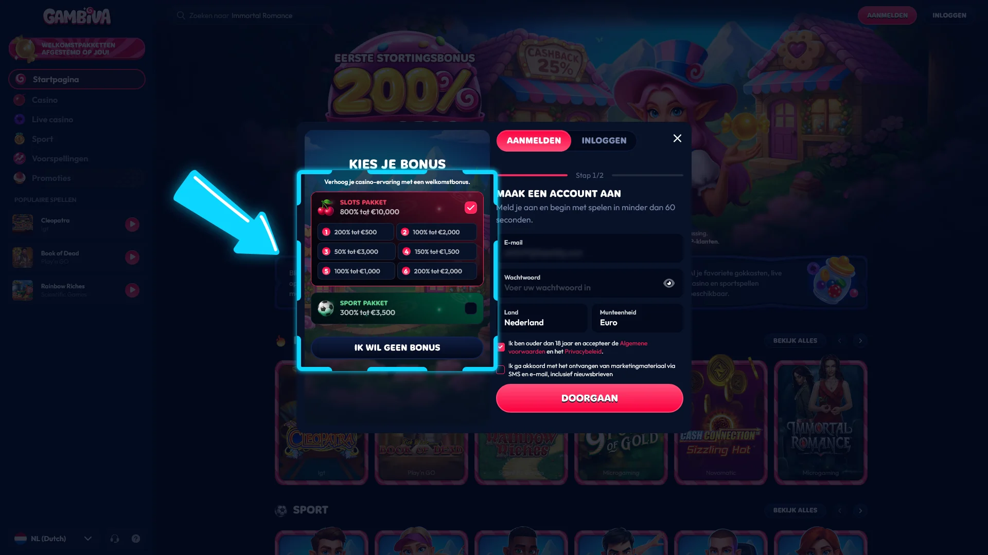 Selecteer je valuta en bonus als onderdeel van de Gambiva aanmeldingsinstructies op de website.