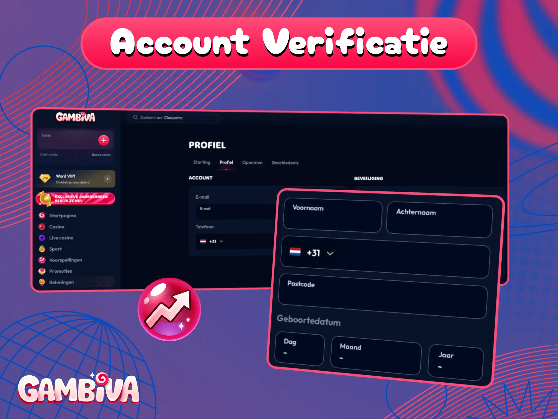 Verifieer je persoonlijke Gambiva account om winsten veilig en snel op te nemen.