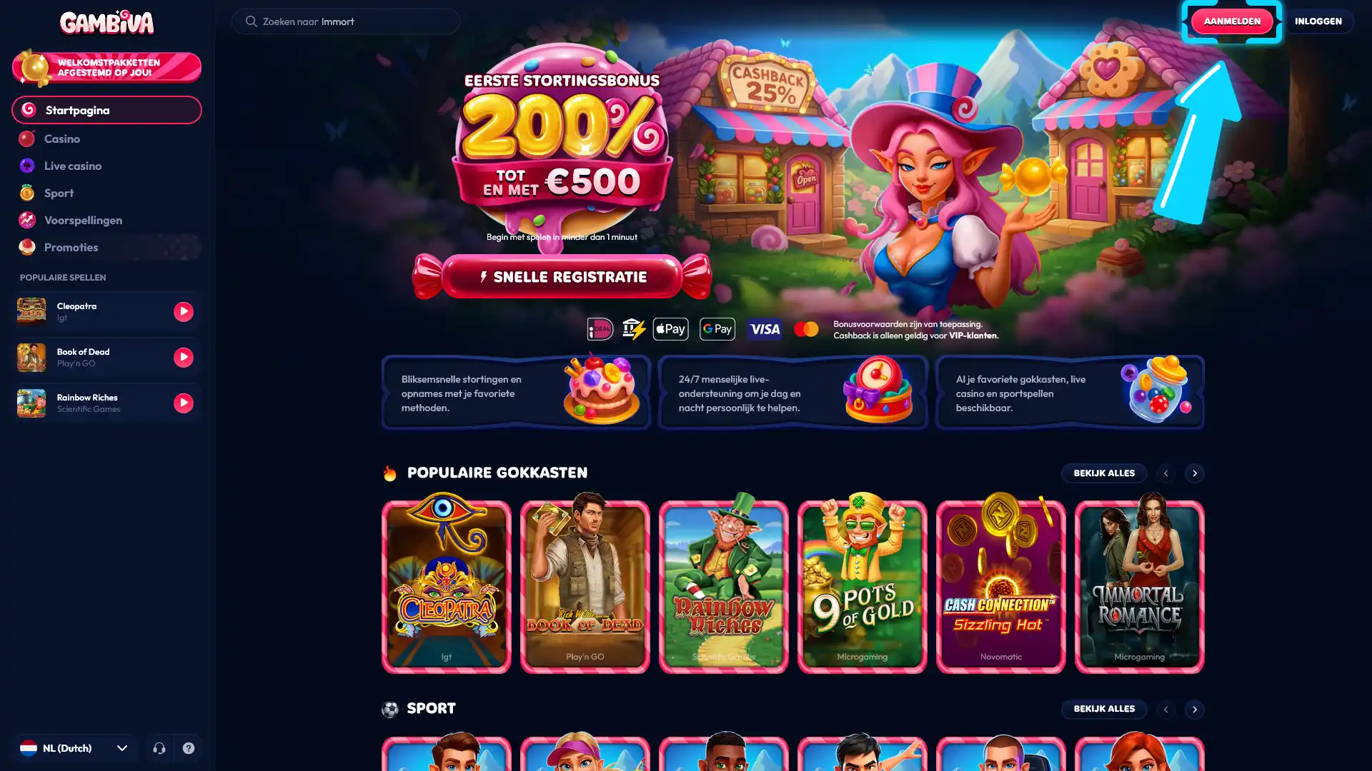 Registreer een nieuw account en claim de unieke Gambiva welkomstbonus.