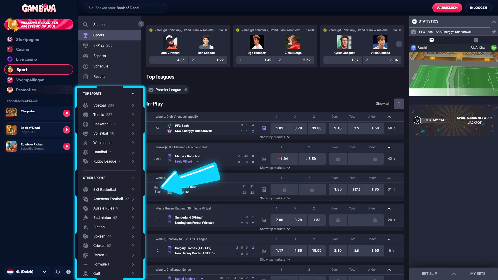 Kies je favoriete sport bij Gambiva voor de beste online sportweddenschappen.