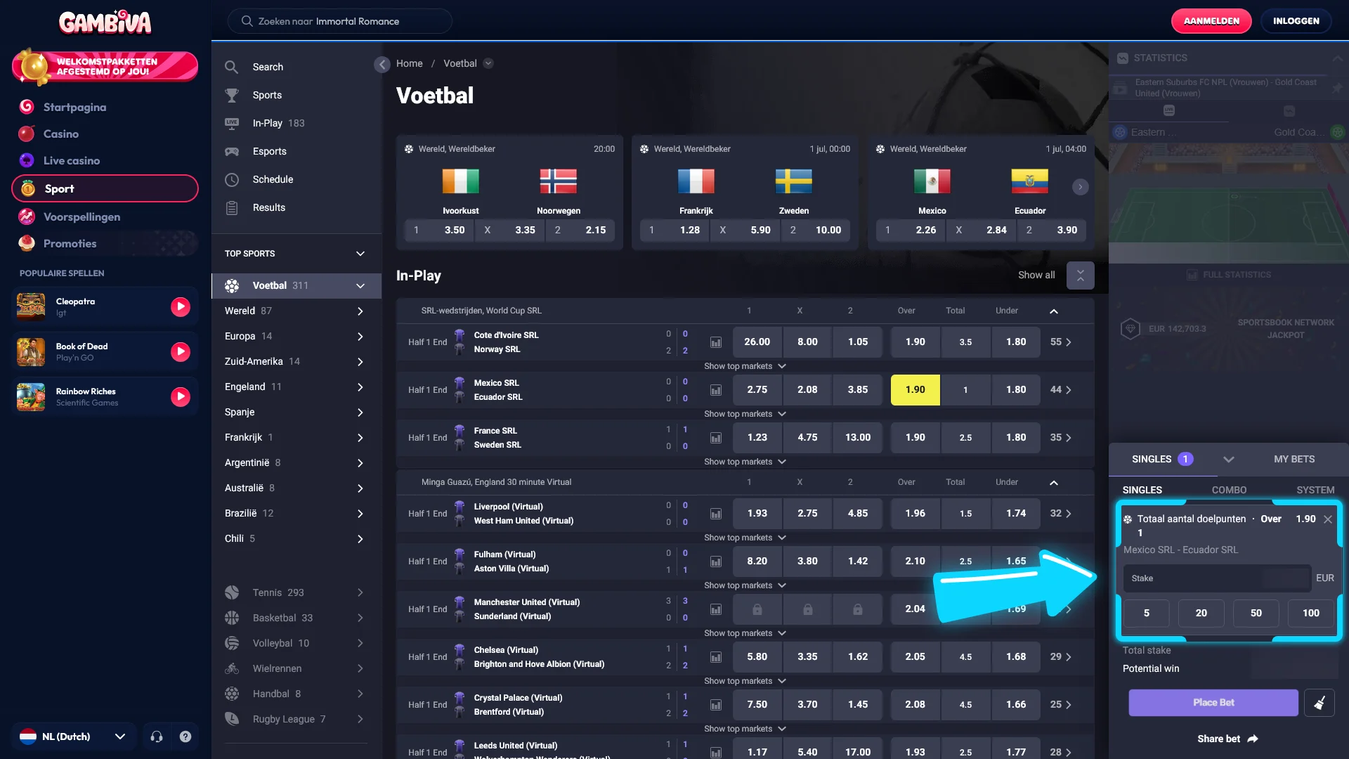 Voer het gewenste bedrag in voor je sportweddenschappen op de Gambiva website.