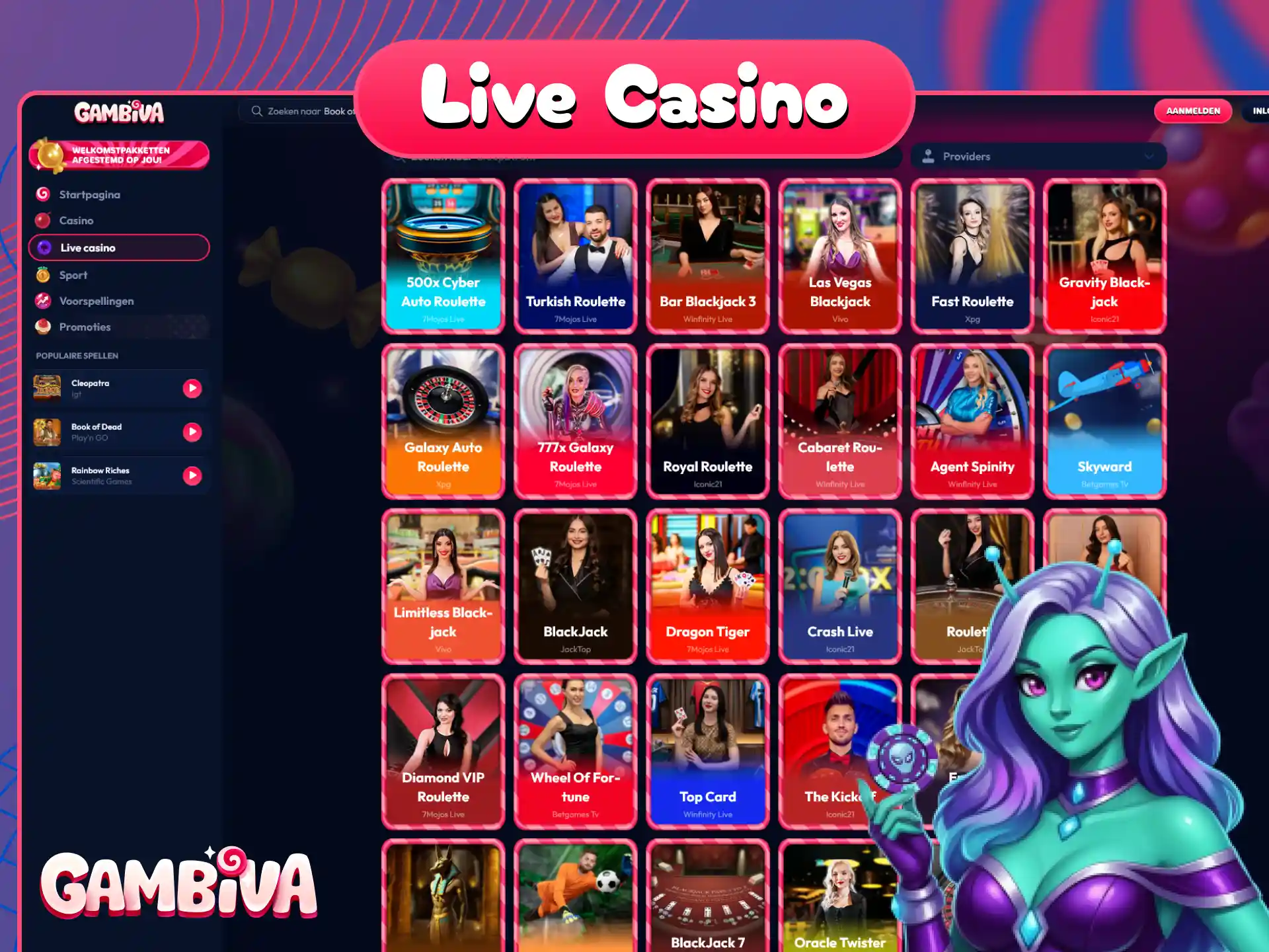 Ervaar de spanning van het Gambiva live casino met echte dealers.