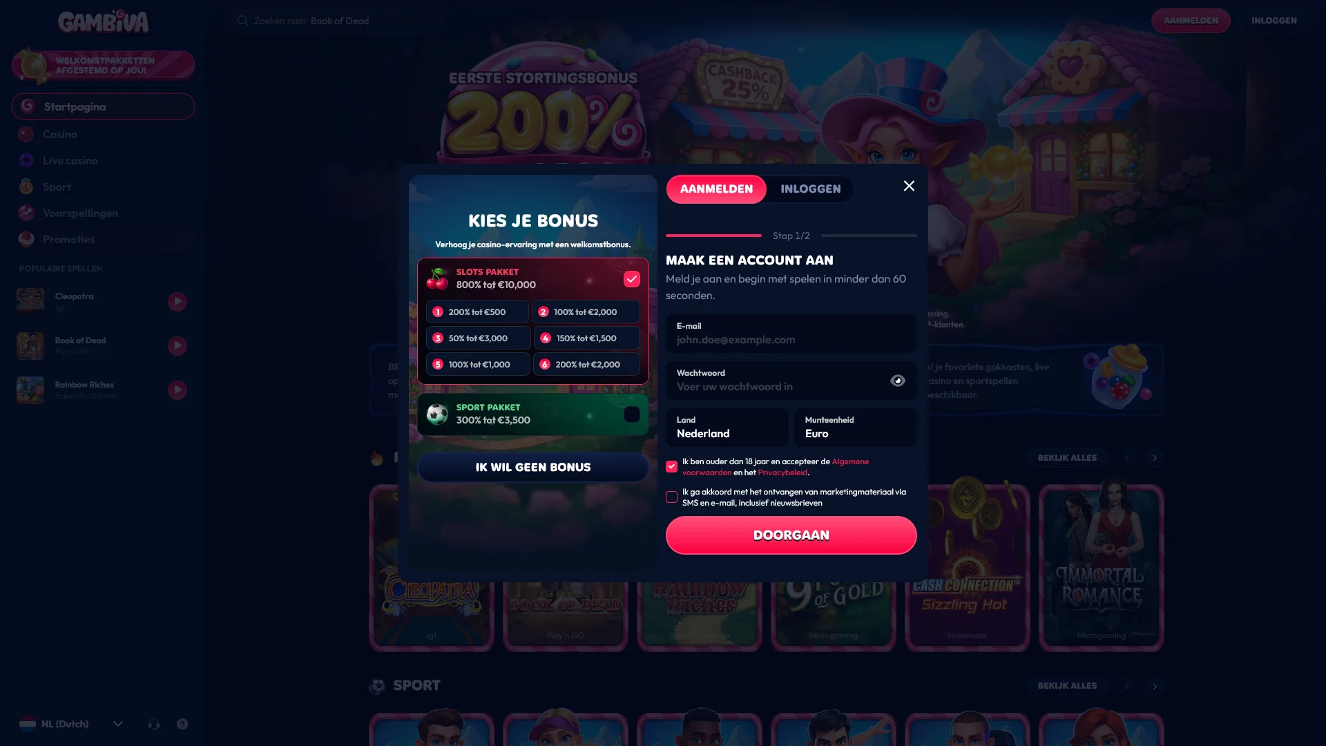 Start met de snelle registratie bij Gambiva en claim direct je welkomstcadeau.