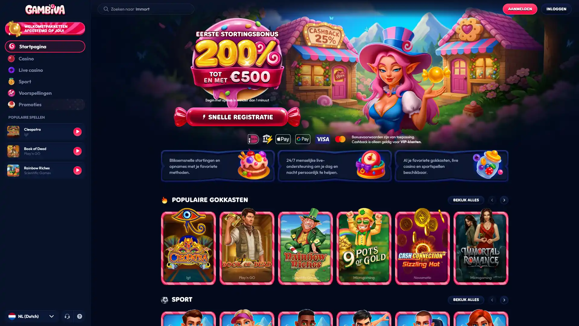 Ontdek de startpagina van Gambiva en begin direct met online wedden.
